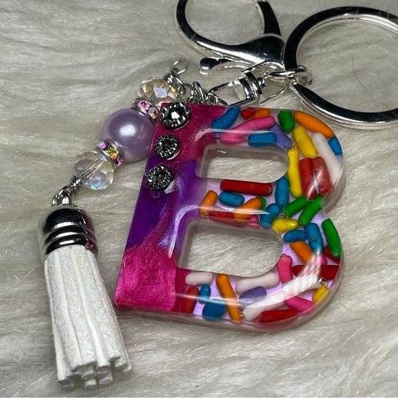 Custom Made Pink And Purple Letter “B” Keychain with Crystal Beaded Tassel - Picture 4 of 5